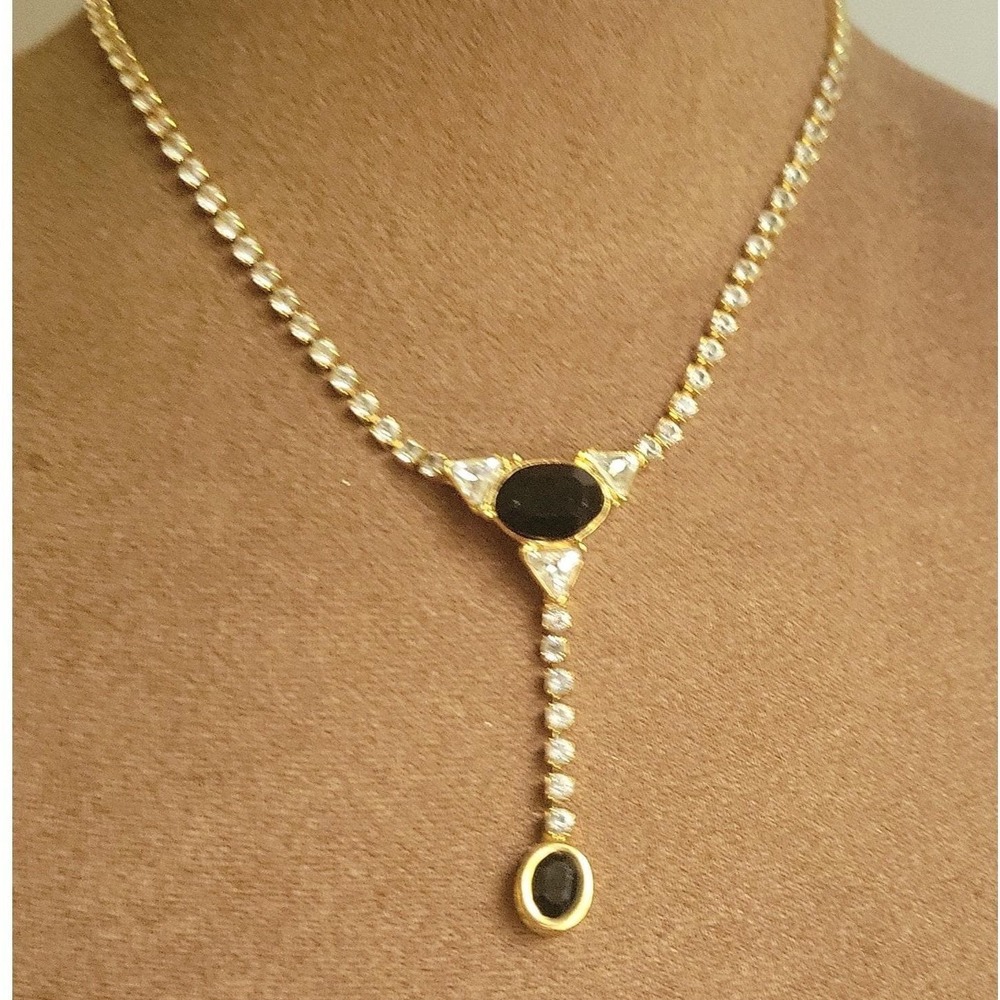 Monet Vintage Gold Tone Black Rhinestone Y-Drop Tennis Necklace 16.5 Inch